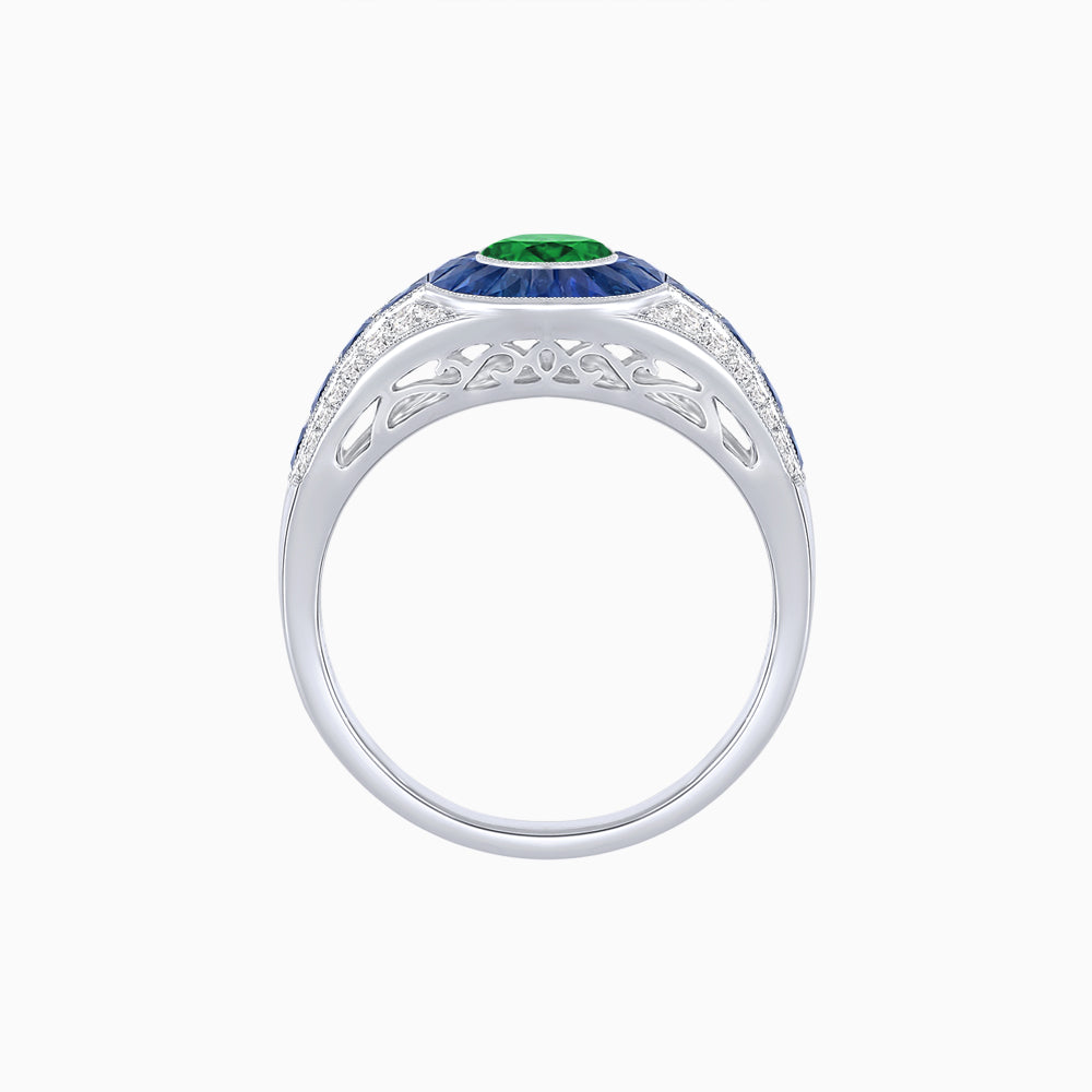 Art Deco Inspired Oval Cut Ring with Calibré Gemstone Halo and Diamond Accents