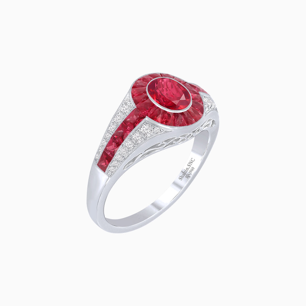 Art Deco Inspired Oval Cut Ring with Calibré Gemstone Halo and Diamond Accents