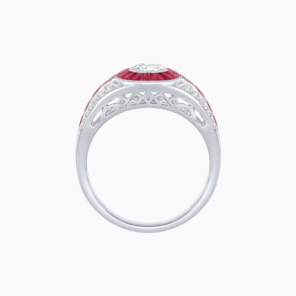 Art Deco Inspired Oval Cut Ring with Calibré Gemstone Halo and Diamond Accents