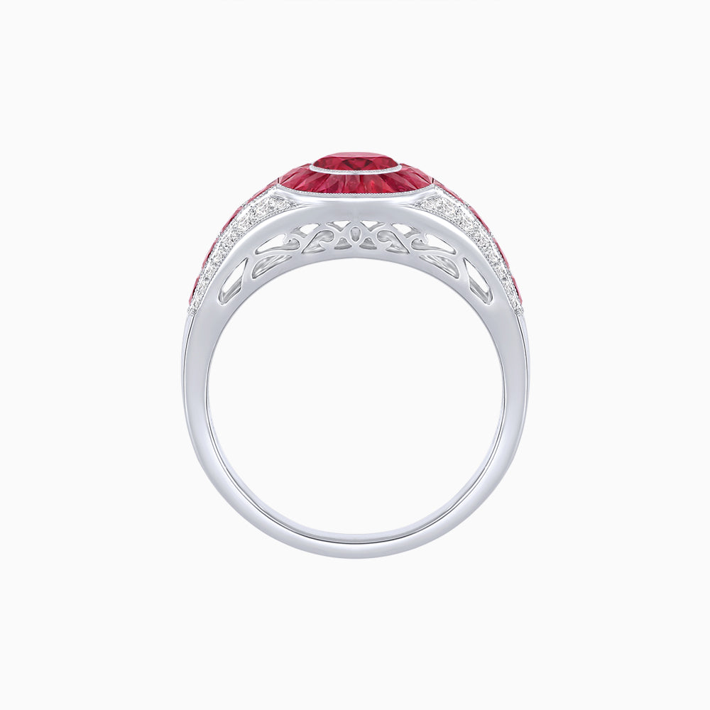 Art Deco Inspired Oval Cut Ring with Calibré Gemstone Halo and Diamond Accents