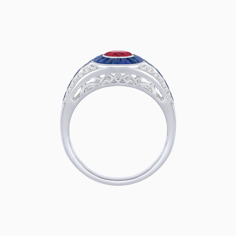 Art Deco Inspired Oval Cut Ring with Calibré Gemstone Halo and Diamond Accents