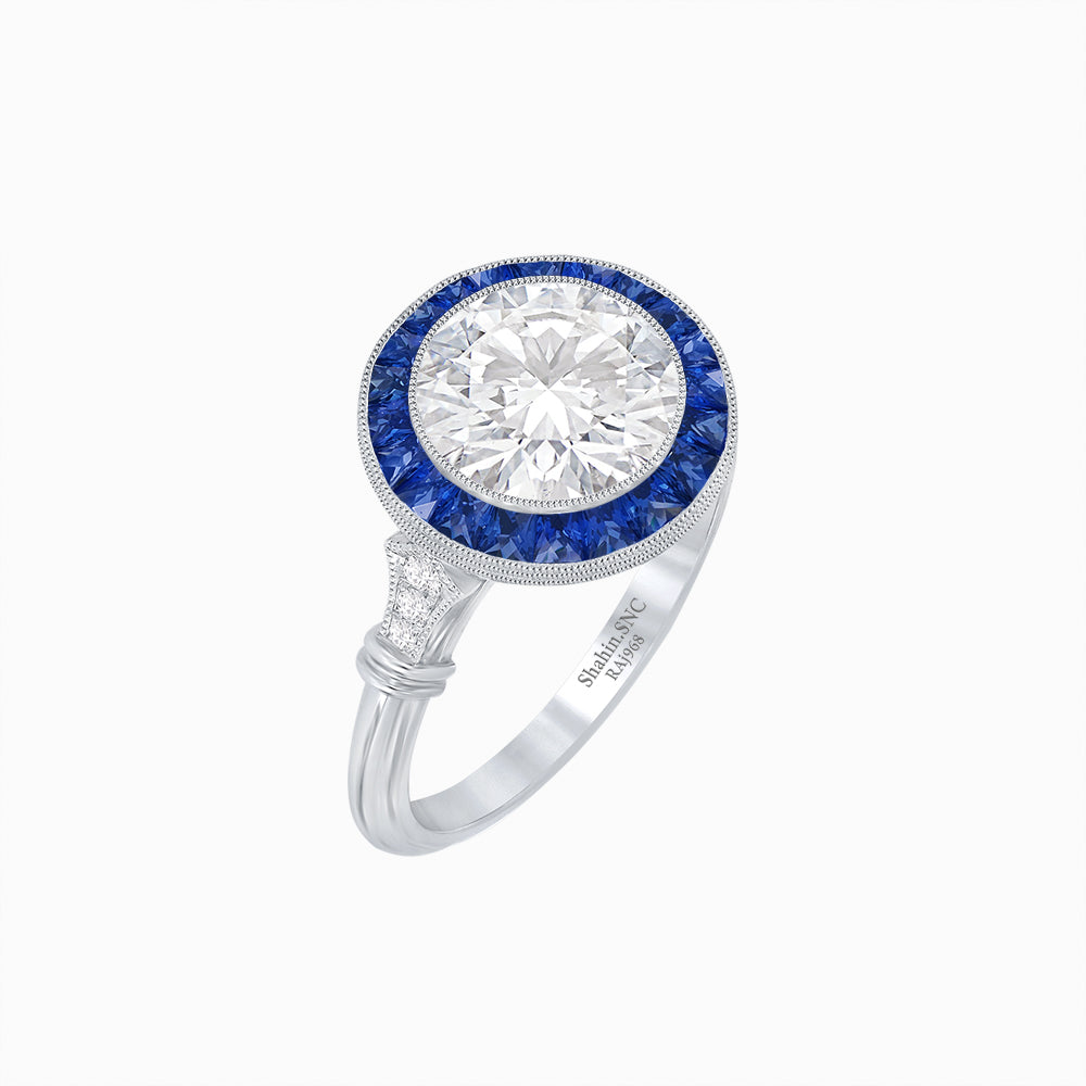 Vintage-Inspired Round Diamond and Blue Sapphire Halo Mounting in 18K White Gold (Mounting)
