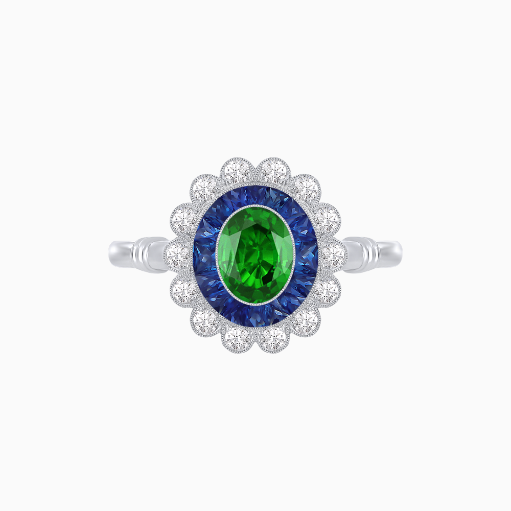 Vintage Inspired Oval French-Cut Double Halo Floral Ring
