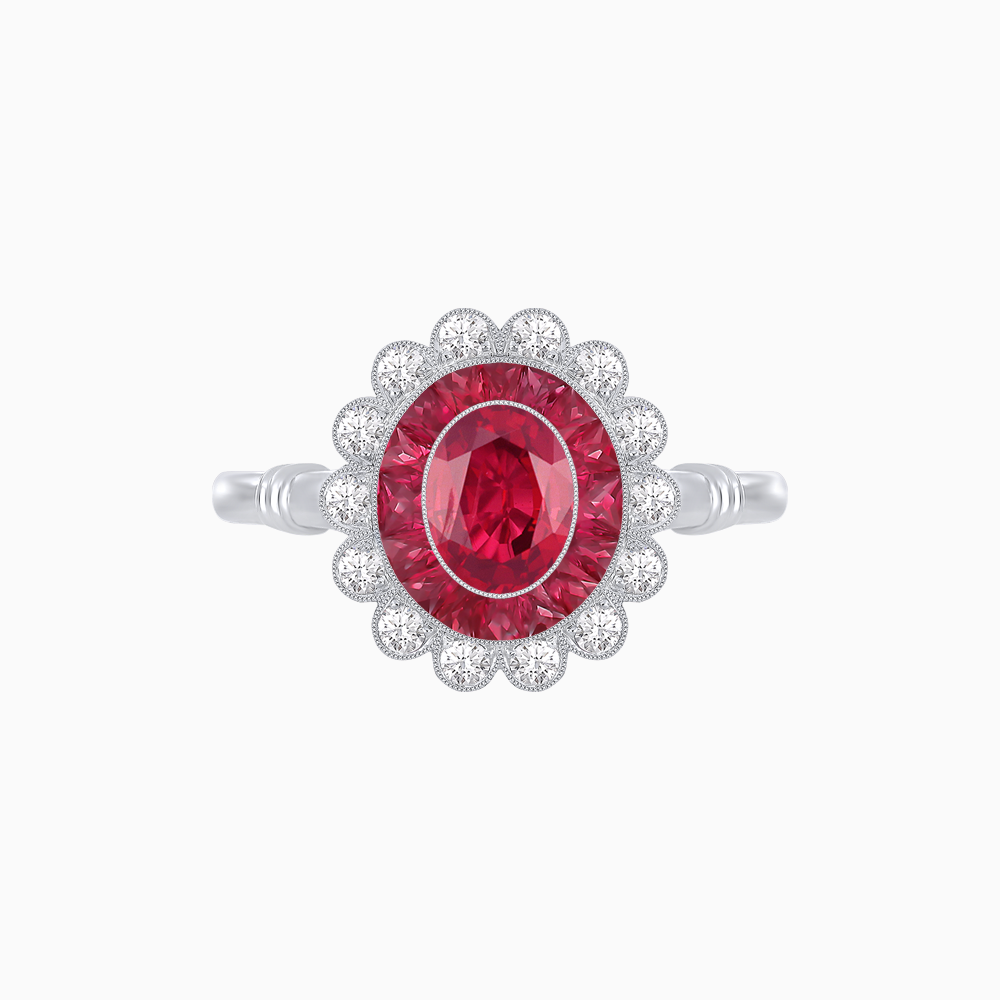 Vintage Inspired Oval French-Cut Double Halo Floral Ring