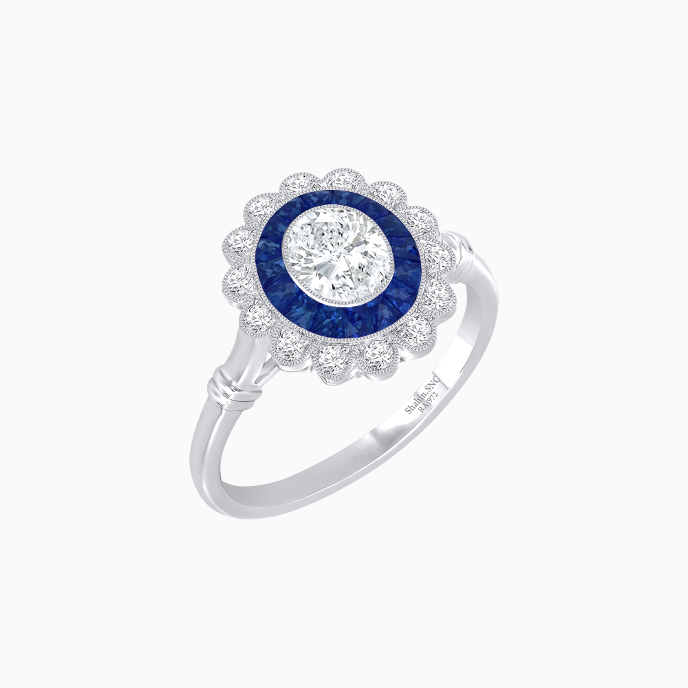 Vintage Inspired Oval French-Cut Double Halo Floral Ring