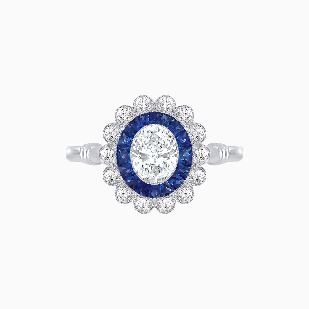 Vintage Inspired Oval French-Cut Double Halo Floral Ring