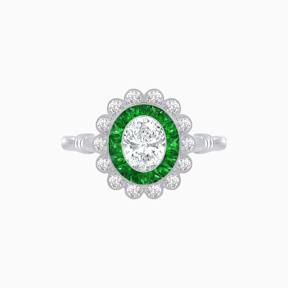 Vintage Inspired Oval French-Cut Double Halo Floral Ring