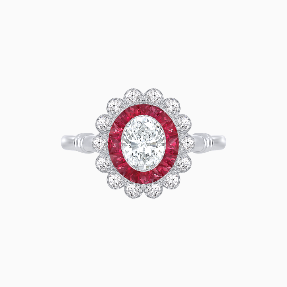 Vintage Inspired Oval French-Cut Double Halo Floral Ring