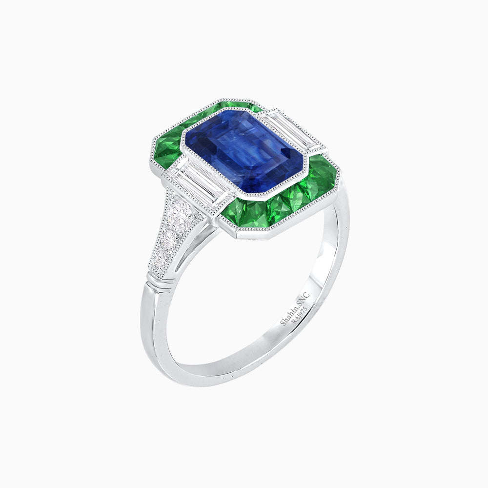 Art Deco Style French Cut Sapphire Ring With Gemstone