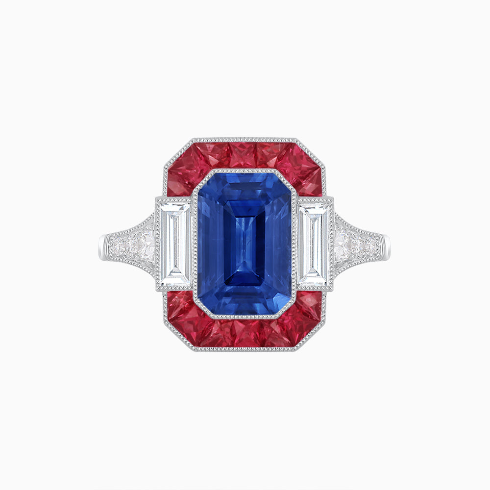 Art Deco Style French Cut Sapphire Ring With Gemstone
