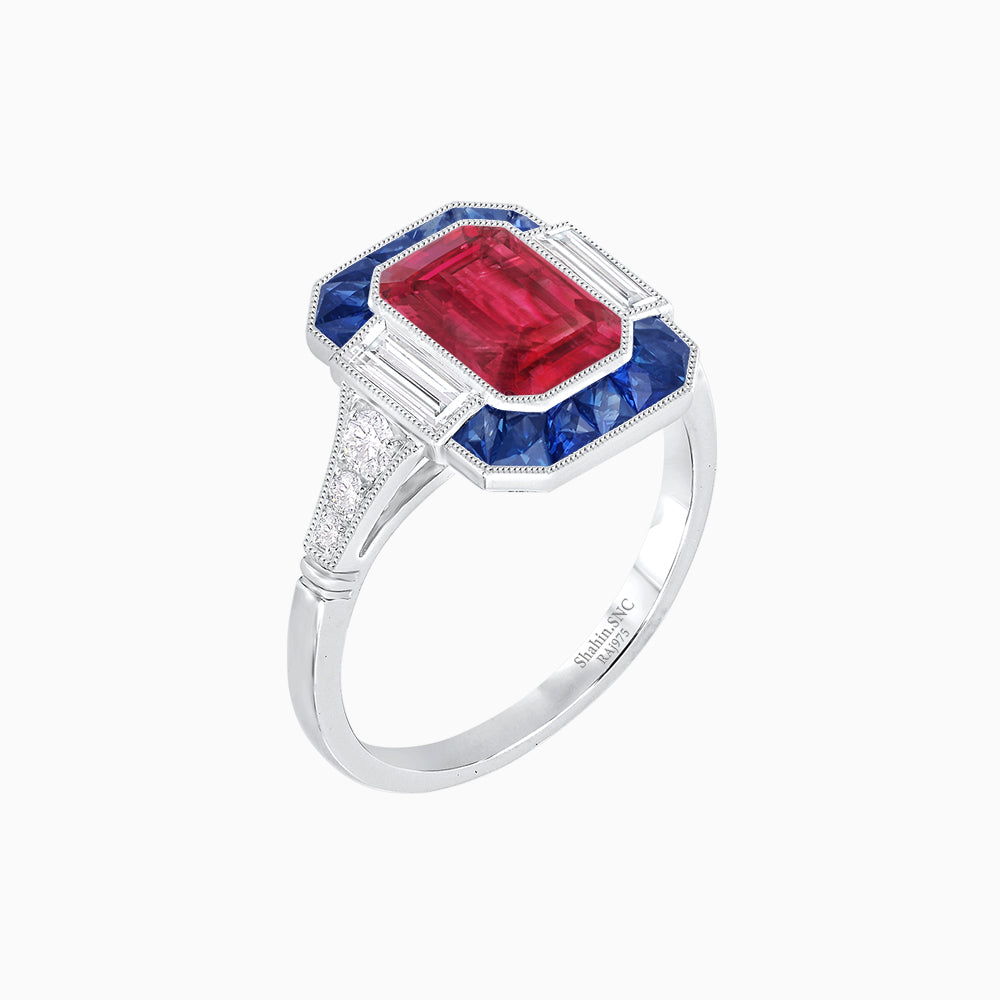 Art Deco Style French Cut Sapphire Ring With Gemstone