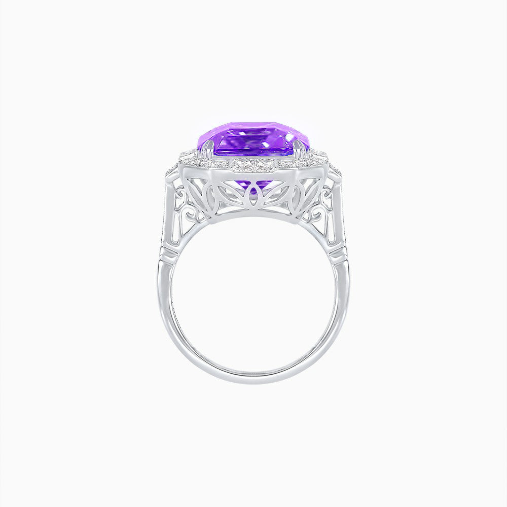 Art Deco Style Emerald Cut Semi-Precious Gemstone Ring with Octagonal Diamond Halo
