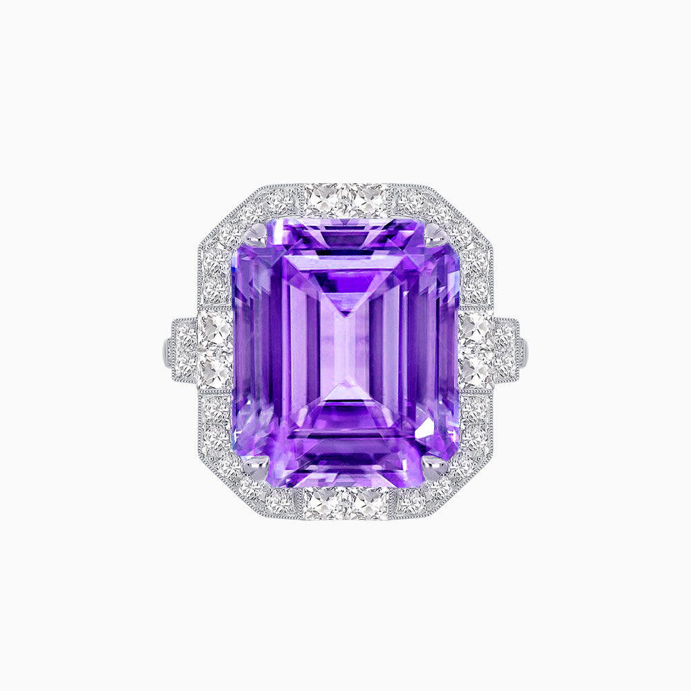 Art Deco Style Emerald Cut Semi-Precious Gemstone Ring with Octagonal Diamond Halo