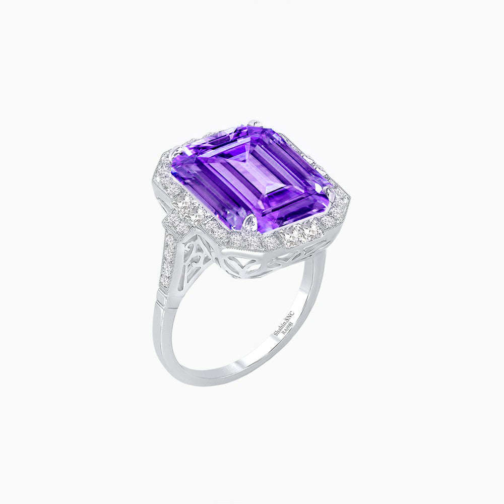 Art Deco Style Emerald Cut Semi-Precious Gemstone Ring with Octagonal Diamond Halo