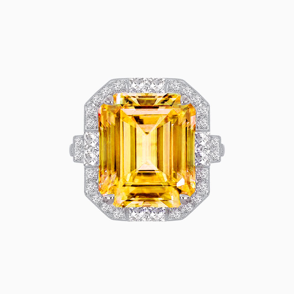 Art Deco Style Emerald Cut Semi-Precious Gemstone Ring with Octagonal Diamond Halo
