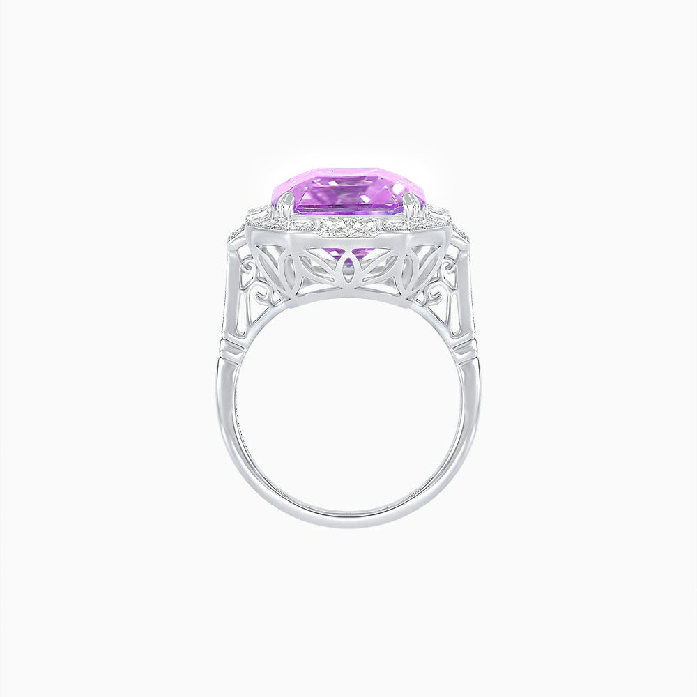 Art Deco Style Emerald Cut Semi-Precious Gemstone Ring with Octagonal Diamond Halo