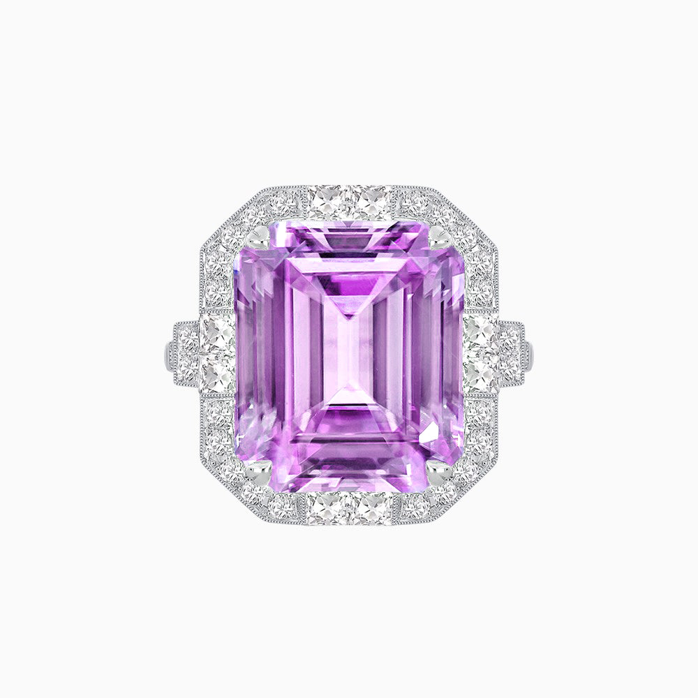 Art Deco Style Emerald Cut Semi-Precious Gemstone Ring with Octagonal Diamond Halo