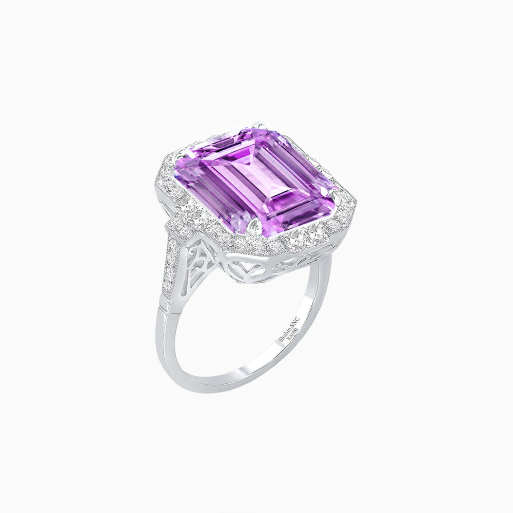 Art Deco Style Emerald Cut Semi-Precious Gemstone Ring with Octagonal Diamond Halo