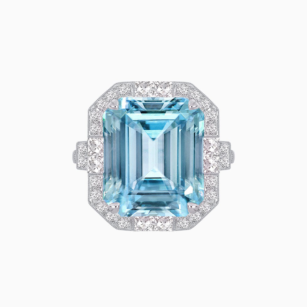 Art Deco Style Emerald Cut Semi-Precious Gemstone Ring with Octagonal Diamond Halo