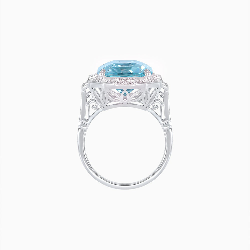 Art Deco Style Emerald Cut Semi-Precious Gemstone Ring with Octagonal Diamond Halo