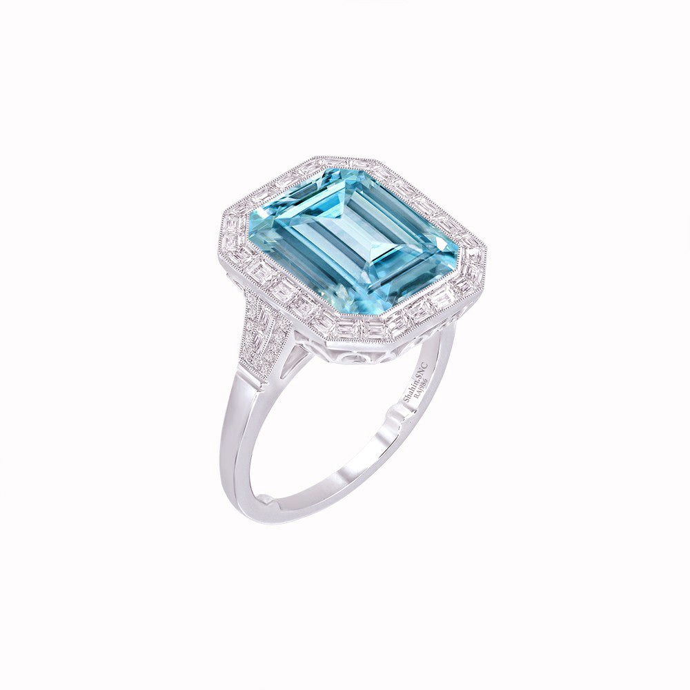 Art Deco Style Emerald Cut Gemstone Ring with Baguette Diamond Halo