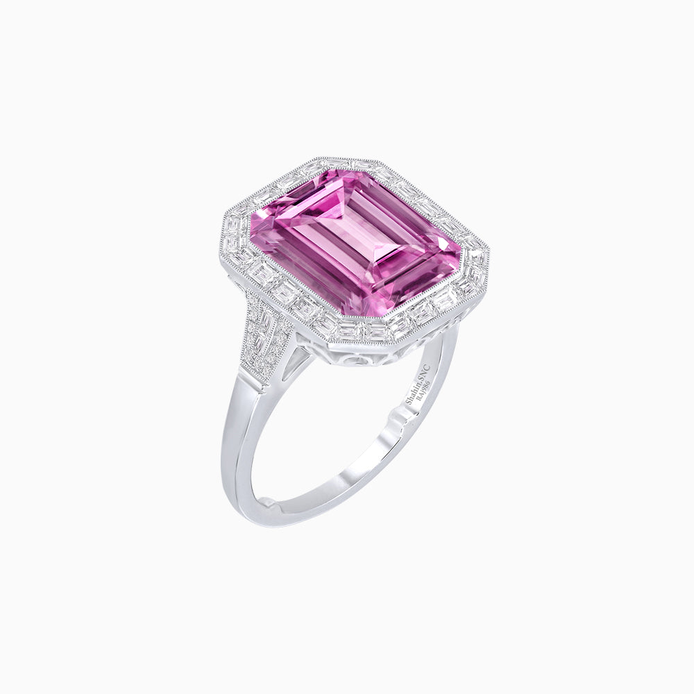 Art Deco Style Emerald Cut Gemstone Ring with Baguette Diamond Halo