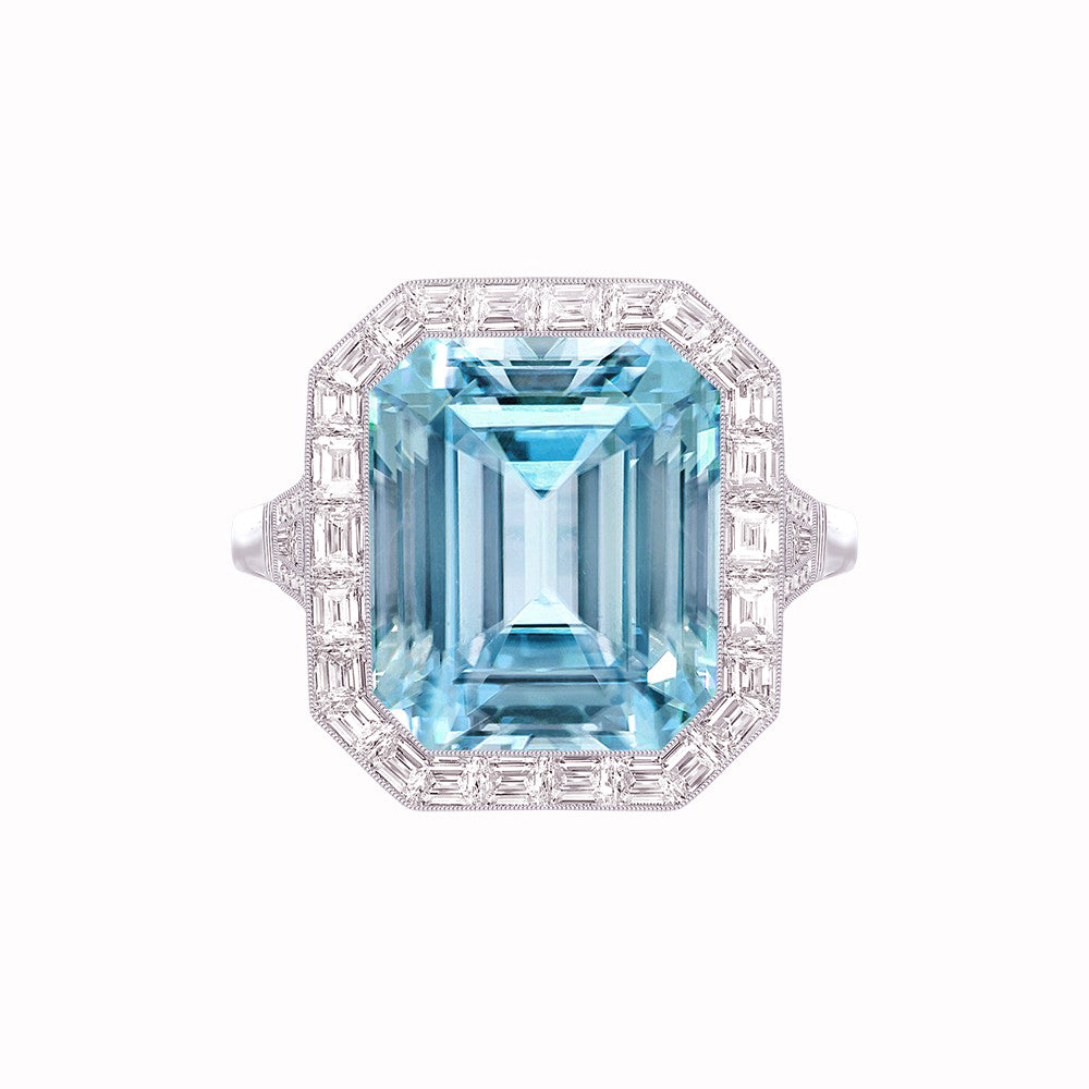 Art Deco Style Emerald Cut Gemstone Ring with Baguette Diamond Halo