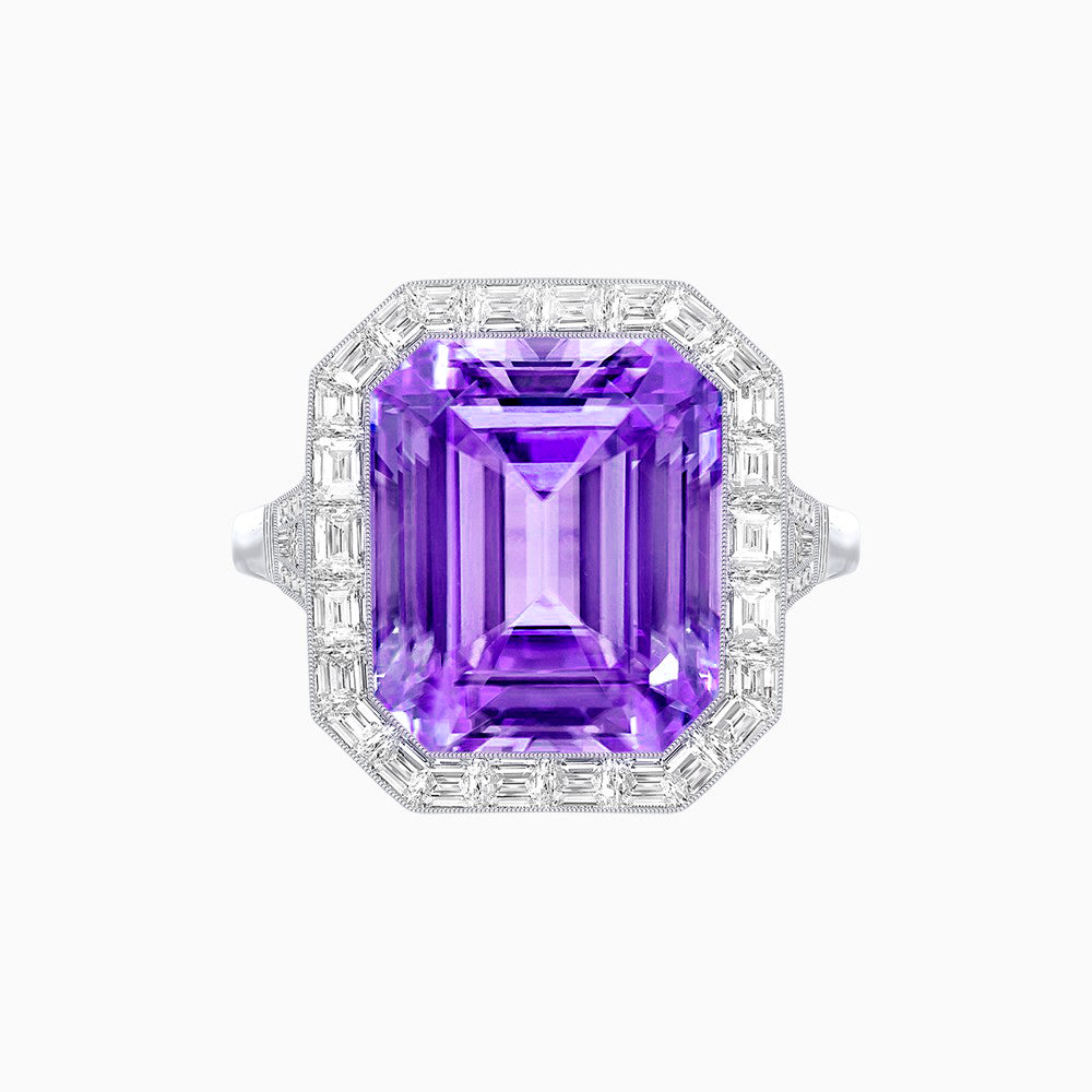 Art Deco Style Emerald Cut Gemstone Ring with Baguette Diamond Halo