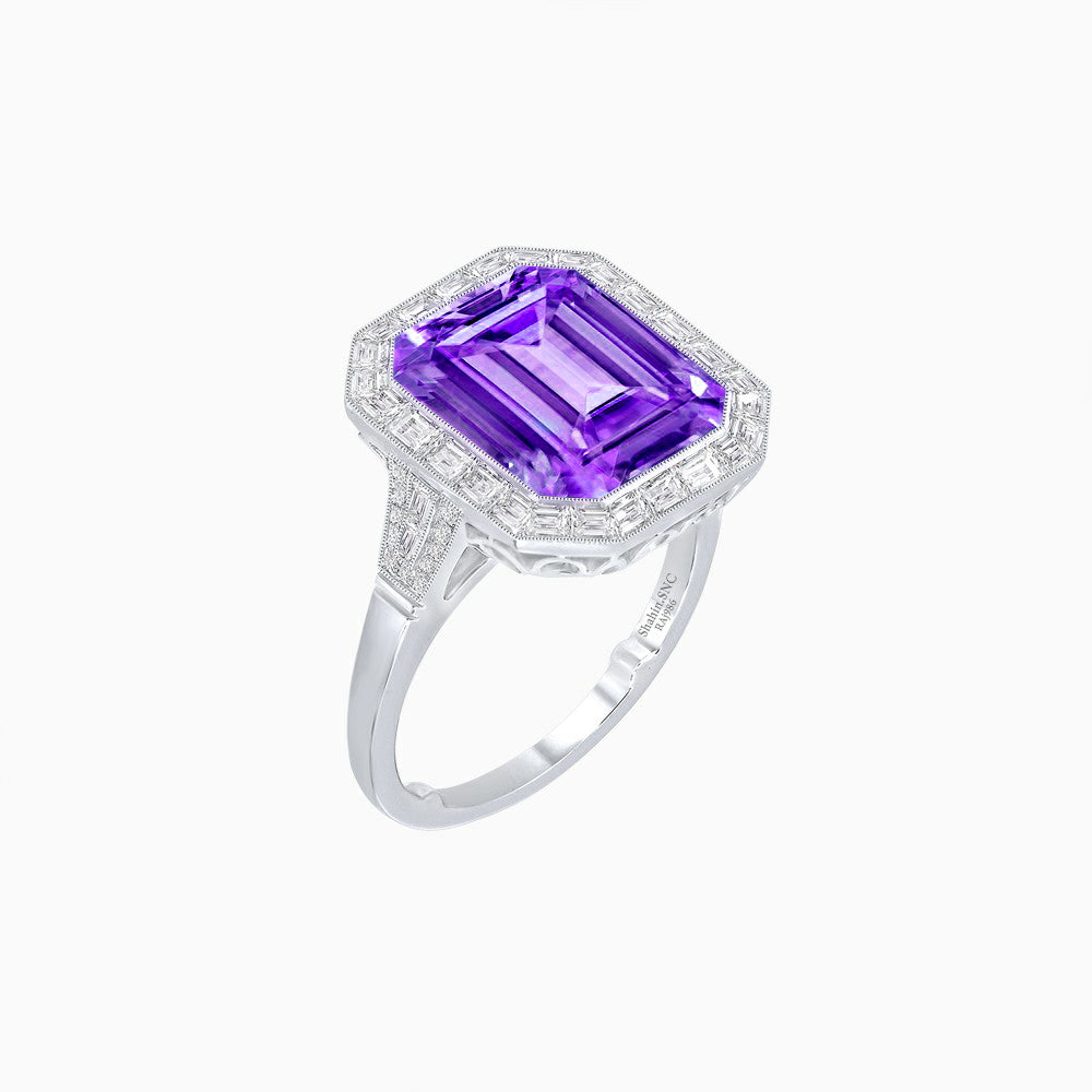 Art Deco Style Emerald Cut Gemstone Ring with Baguette Diamond Halo