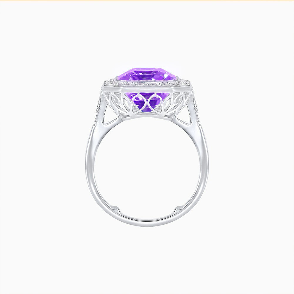 Art Deco Style Emerald Cut Gemstone Ring with Baguette Diamond Halo