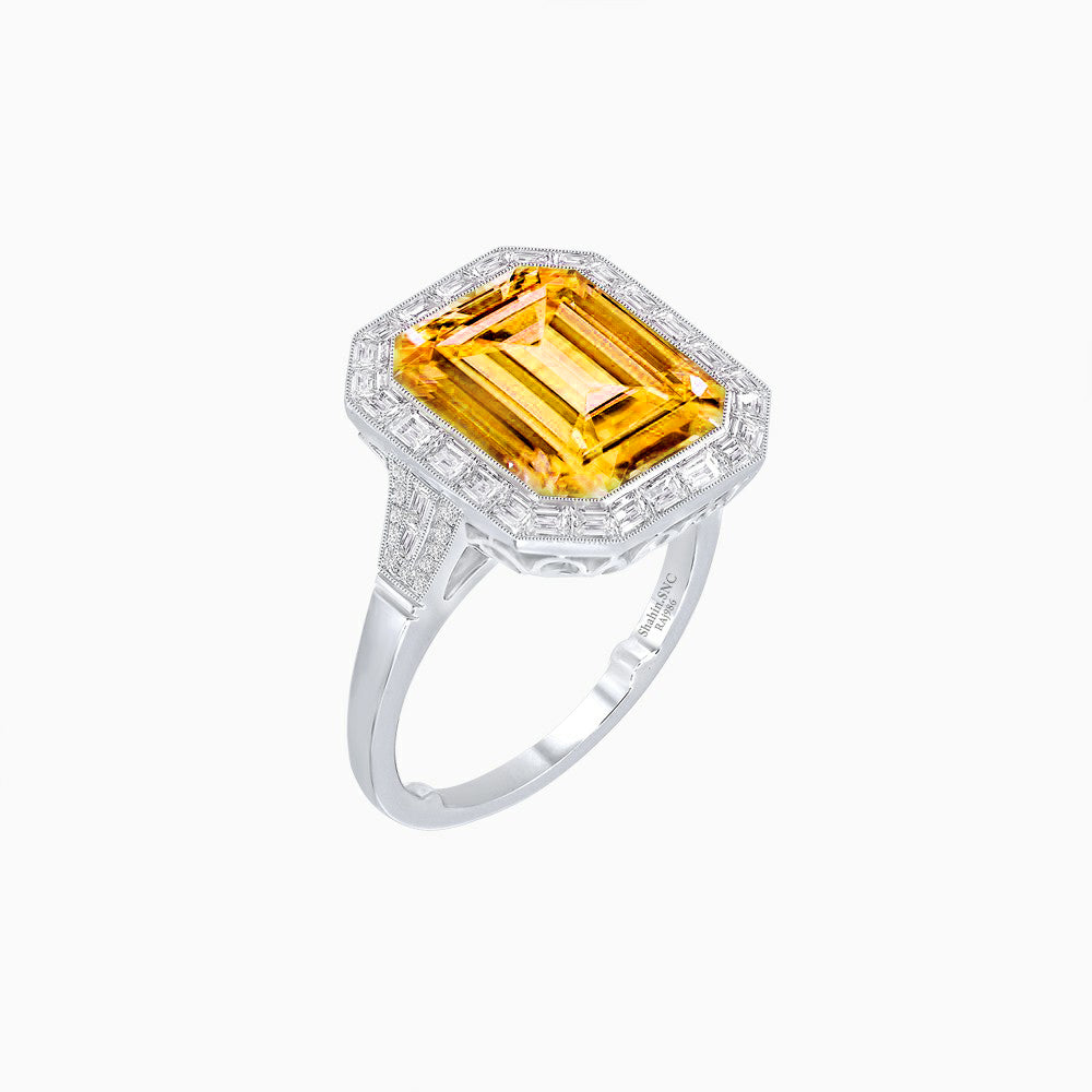 Art Deco Style Emerald Cut Gemstone Ring with Baguette Diamond Halo
