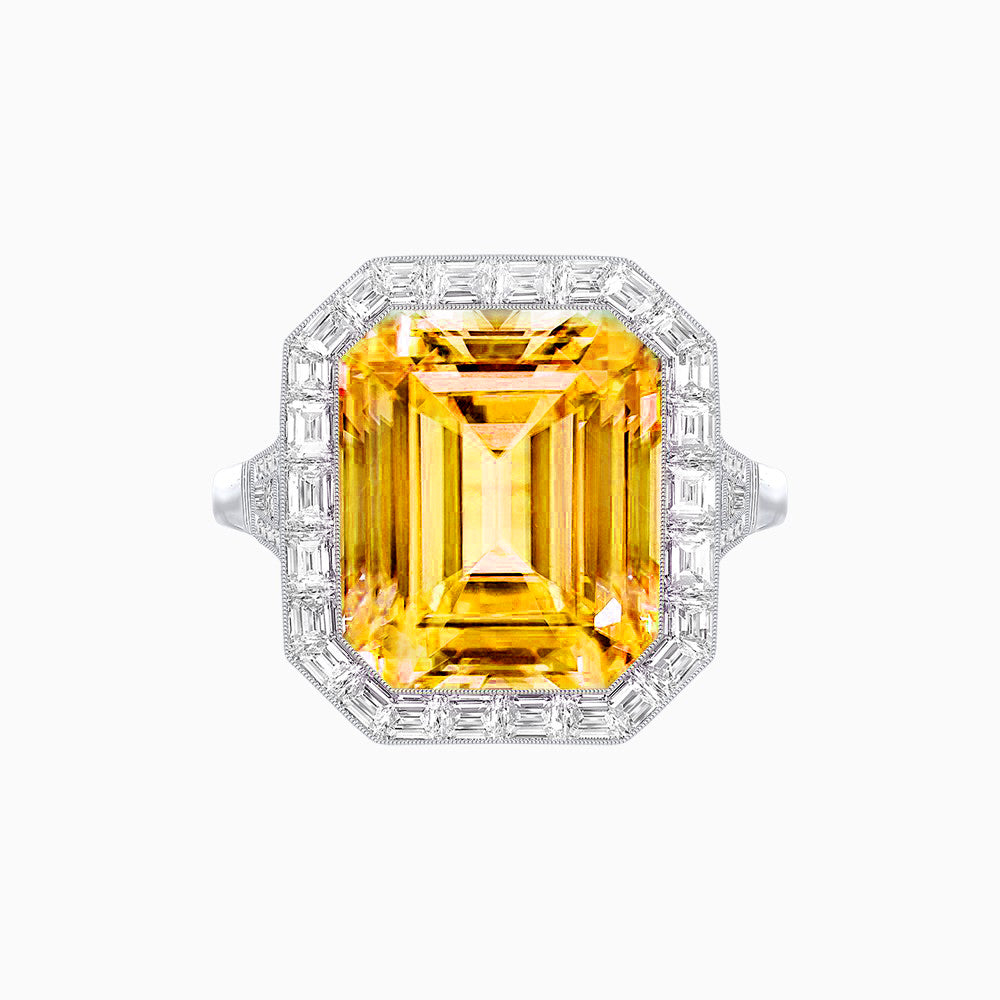 Art Deco Style Emerald Cut Gemstone Ring with Baguette Diamond Halo