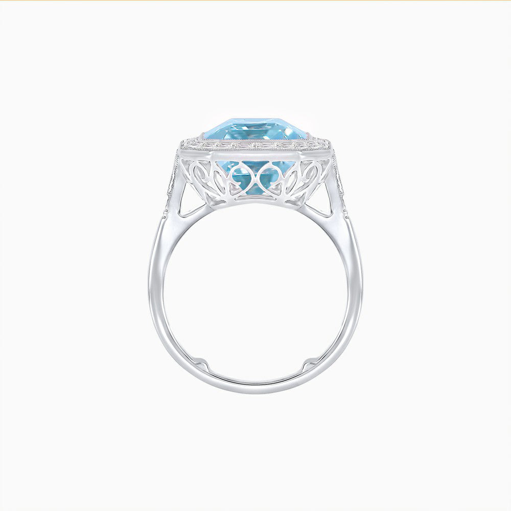 Art Deco Style Emerald Cut Gemstone Ring with Baguette Diamond Halo