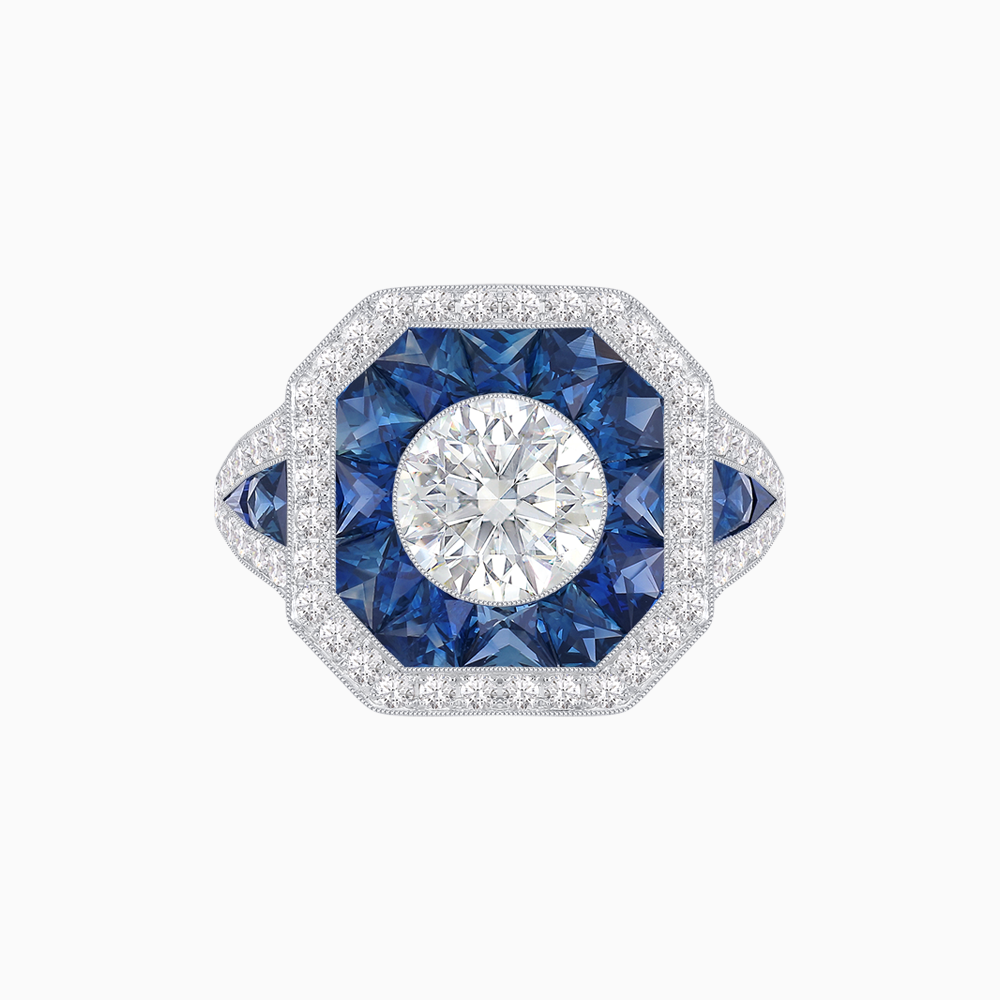Art Deco Inspired Round Center Octagonal Calibré-Cut Halo Engagement Ring
