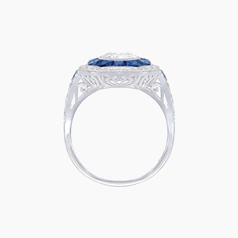 Art Deco Inspired Round Center Octagonal Calibré-Cut Halo Engagement Ring