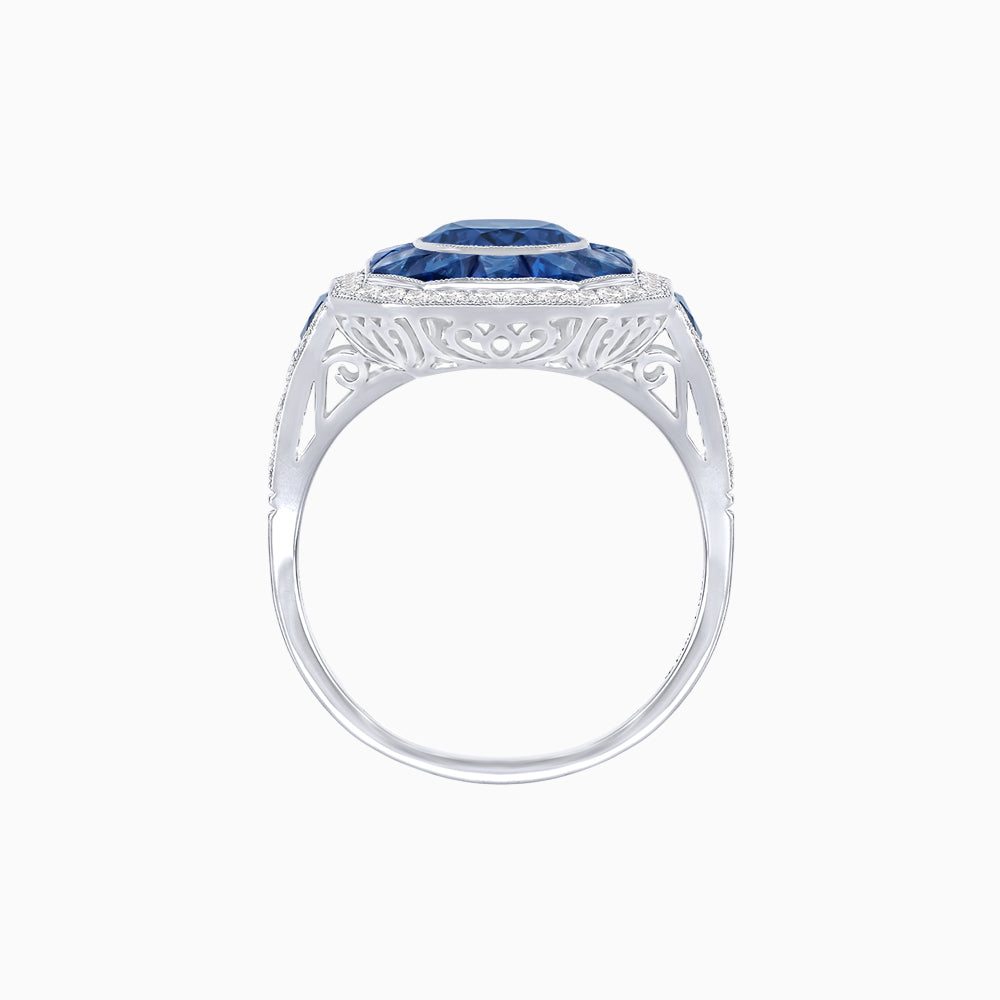 Art Deco Inspired Round Center Octagonal Calibré-Cut Halo Engagement Ring