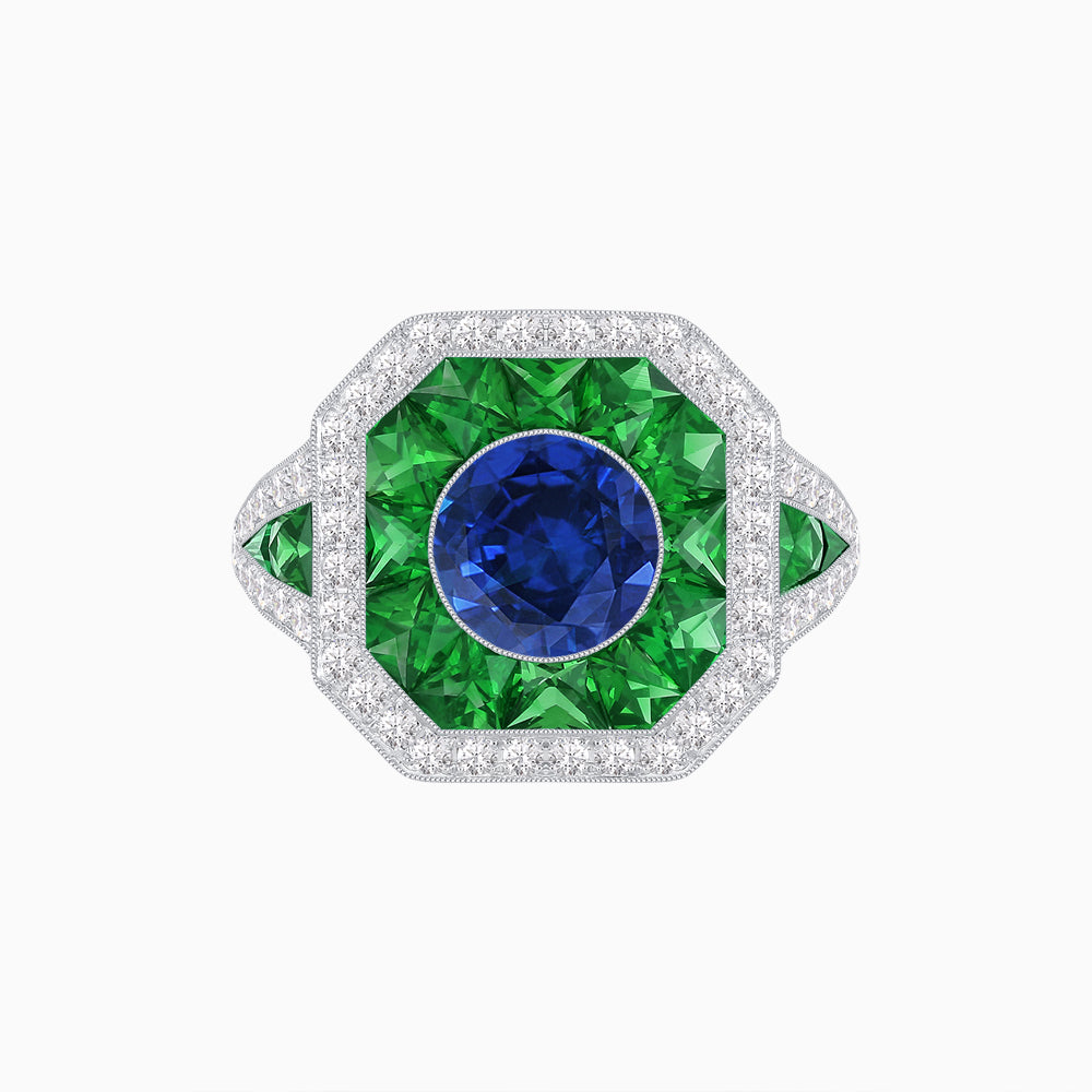 Art Deco Inspired Round Center Octagonal Calibré-Cut Halo Engagement Ring
