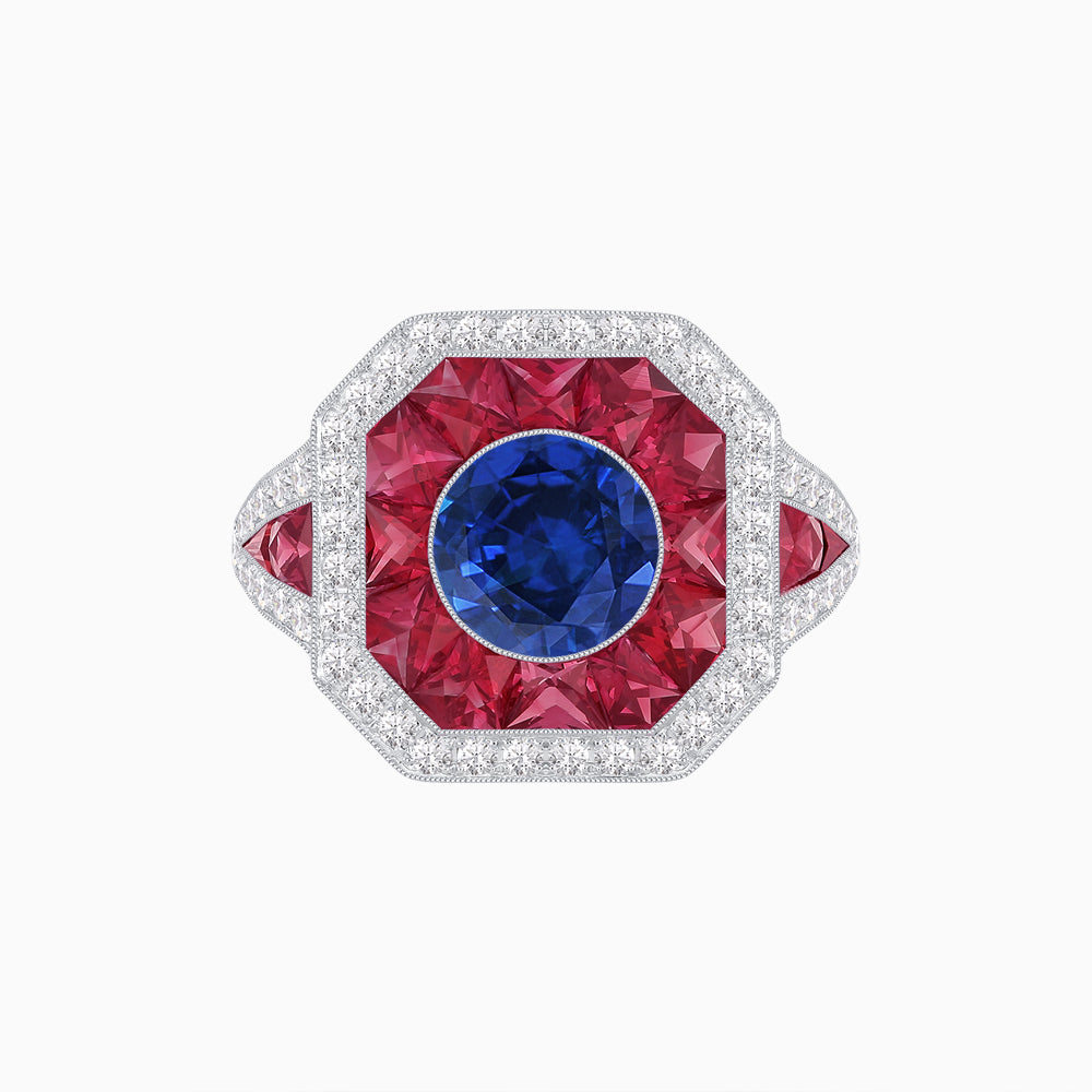 Art Deco Inspired Round Center Octagonal Calibré-Cut Halo Engagement Ring