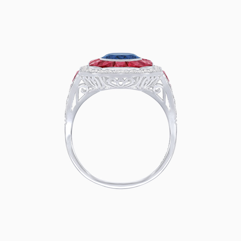 Art Deco Inspired Round Center Octagonal Calibré-Cut Halo Engagement Ring