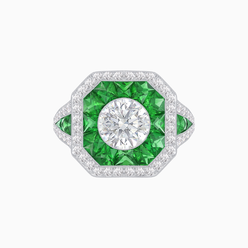 Art Deco Inspired Round Center Octagonal Calibré-Cut Halo Engagement Ring