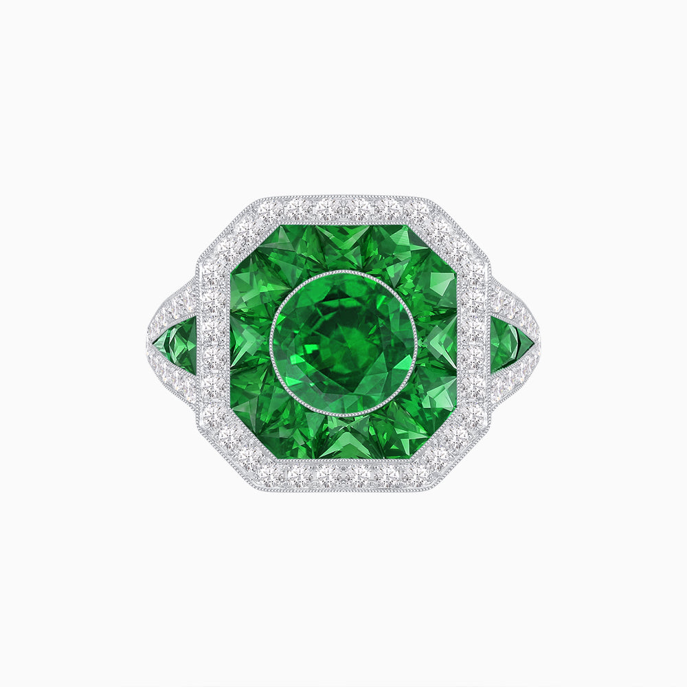 Art Deco Inspired Round Center Octagonal Calibré-Cut Halo Engagement Ring