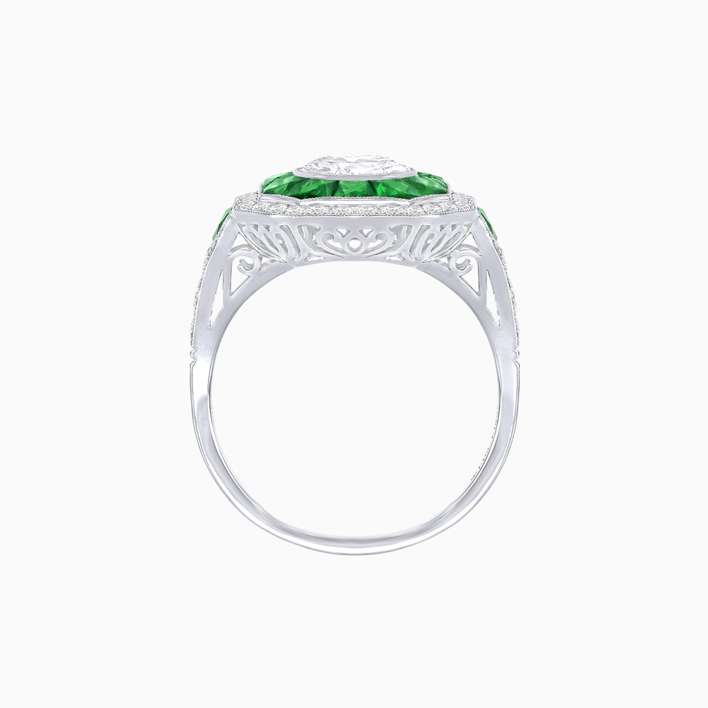 Art Deco Inspired Round Center Octagonal Calibré-Cut Halo Engagement Ring