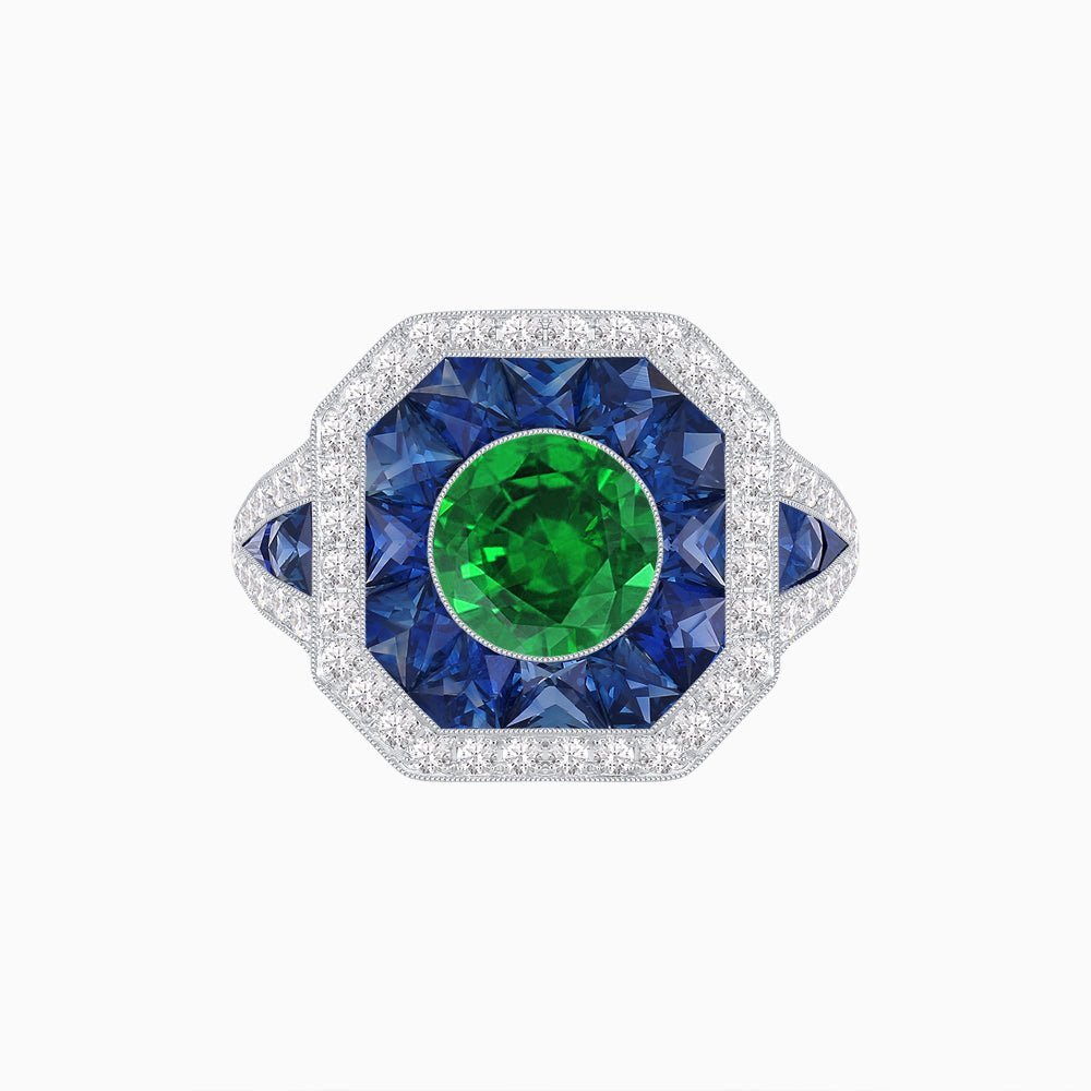 Art Deco Inspired Round Center Octagonal Calibré-Cut Halo Engagement Ring