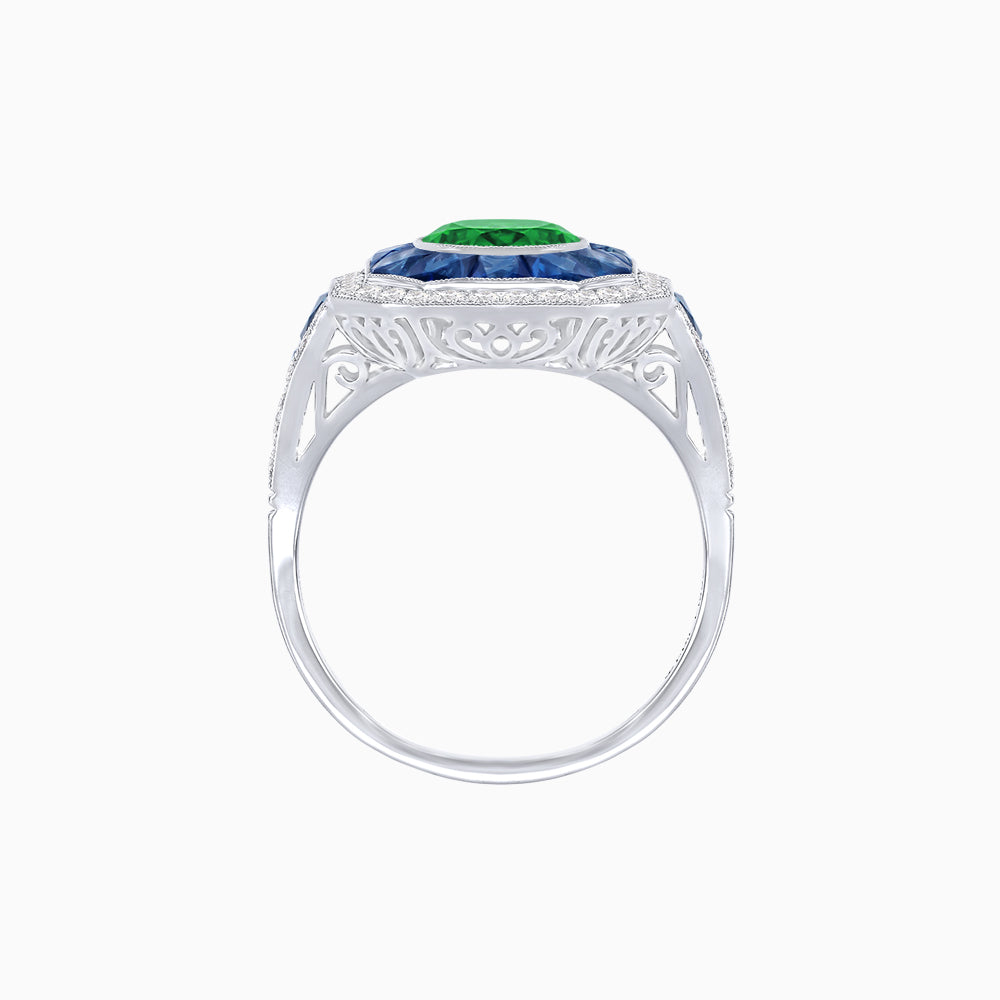 Art Deco Inspired Round Center Octagonal Calibré-Cut Halo Engagement Ring