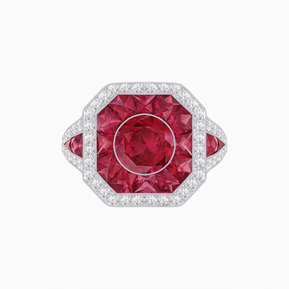 Art Deco Inspired Round Center Octagonal Calibré-Cut Halo Engagement Ring
