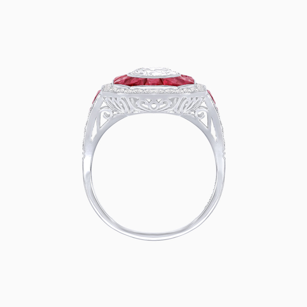 Art Deco Inspired Round Center Octagonal Calibré-Cut Halo Engagement Ring