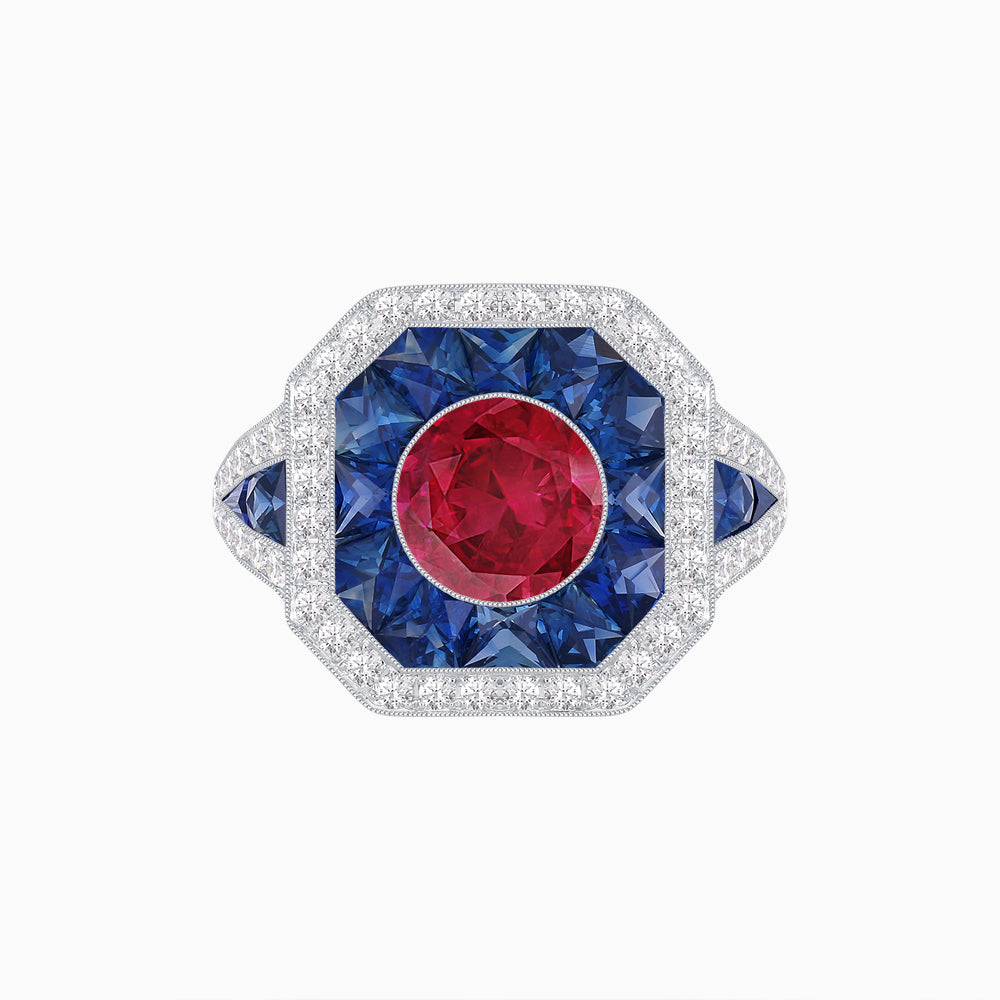 Art Deco Inspired Round Center Octagonal Calibré-Cut Halo Engagement Ring
