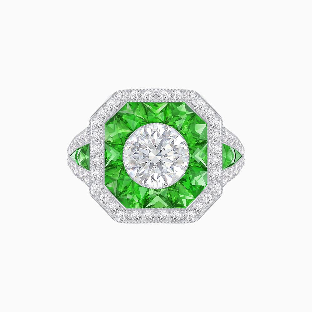 Art Deco Inspired Round Center Octagonal Calibré-Cut Halo Engagement Ring