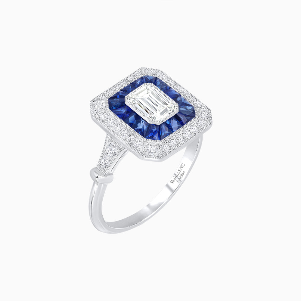 Art Deco Inspired Emerald Cut Halo Ring with Calibré Gems