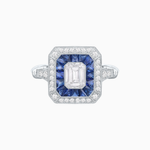 Load image into Gallery viewer, Art Deco Inspired Emerald Cut Halo Ring with Calibré Gems